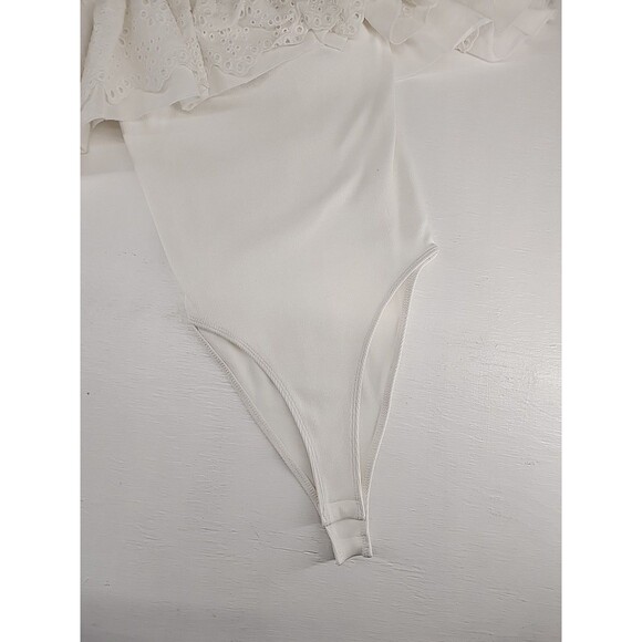 Zara Medium | White Babydoll Bodysuit Ruffle Ribbed Off Shoulder Soft Girl Solid - Picture 3 of 5